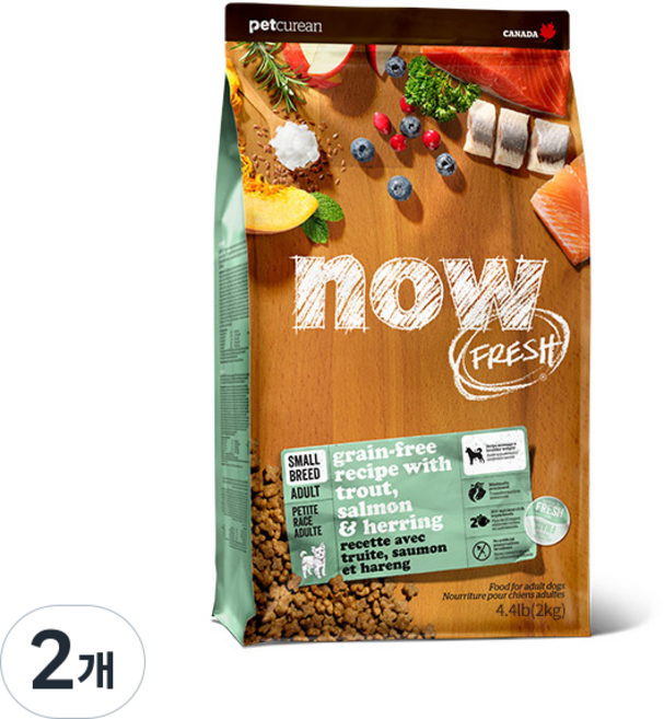 now 어덜트 피쉬 그레인 프리 스몰브리드 디에프 반려견 사료, 송어+연어+청어, 2kg, 2개