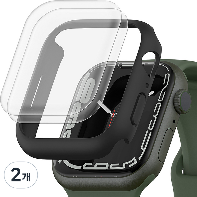 신지모루 애플워치 자가복원 EPU 코팅 액정보호필름 2p + 하드커버케이스, 블랙(케이스), 2개