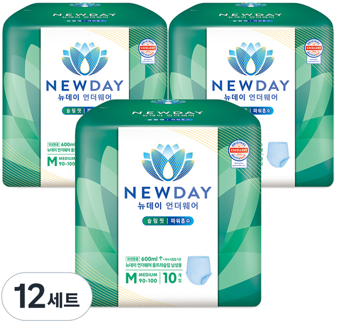 뉴데이 남성용 언더웨어 울트라슬림 성인기저귀, 중형, 10매입, 12세트