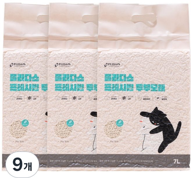 플리다스 고양이 프레시빈 가는입자 두부모래, 베이비파우더, 9개, 7L
