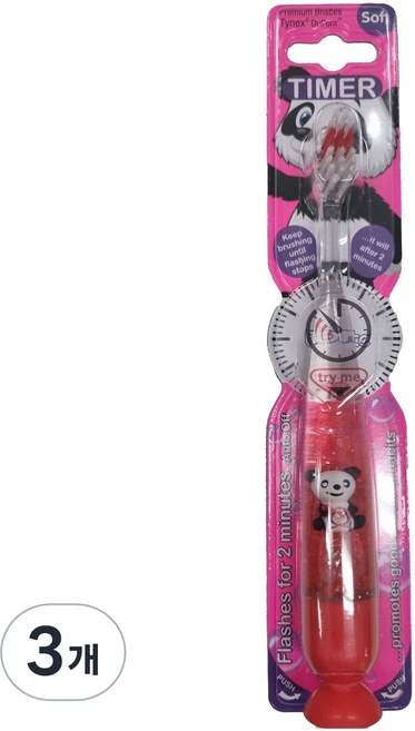 비브라이트 캐릭터 LED 타이머 동물친구 어린이 칫솔, 팬더(레드), 1개입, 3개 - 쿠팡
