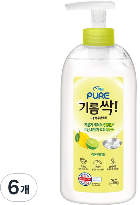 피죤퓨어 기름싹 주방세제 레몬라임향, 700ml, 6개