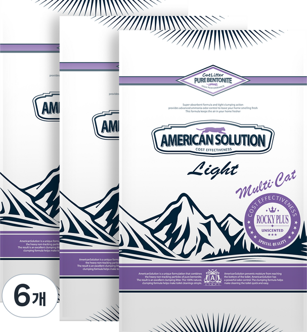 아메리칸솔루션 라이트 로키플러스 응고형 고양이 모래, 6kg, 6개, 무향