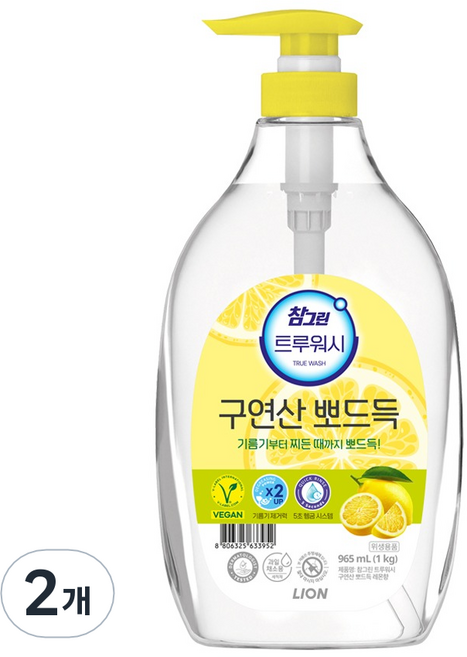 [비건라이프] 참그린 트루워시 구연산 뽀드득 주방세제 레몬향, 1kg, 2개