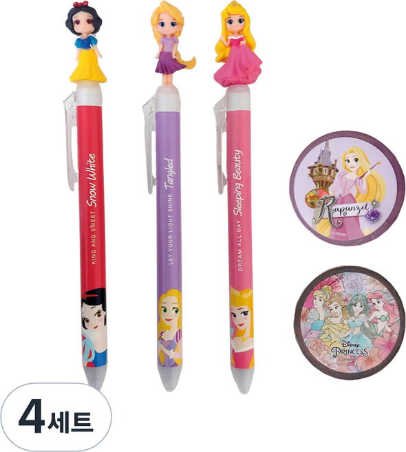 디즈니 프린세스 마스코트 볼펜 3종 + 마스킹 테이프 2종 세트 C타입, 혼합색상, 4세트
