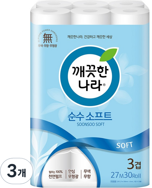 깨끗한나라 순수 소프트 천연펄프 3겹 화장지, 27m, 30롤, 3개