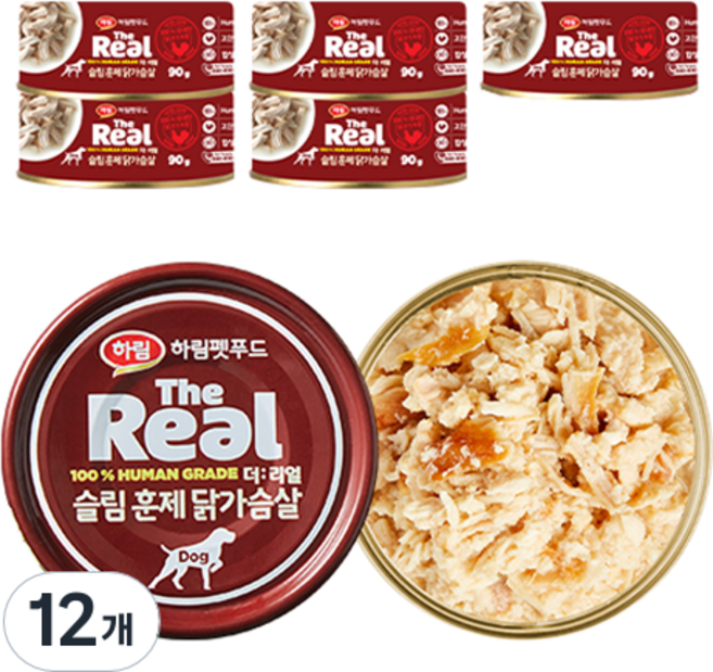 하림펫푸드 강아지 더리얼 슬림 훈제 간식캔, 닭가슴살, 90g, 12개