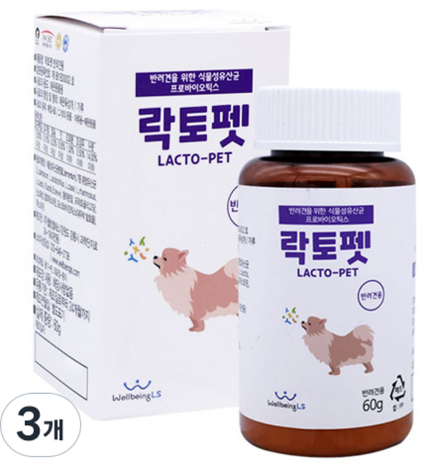 락토펫 강아지 영양제 용기형, 장건강/유산균, 3개, 60g