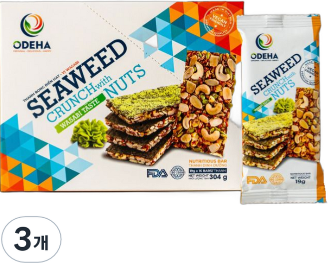 ODEHA 바사삭 김견과 스낵 와사비맛 16p, 304g, 3개