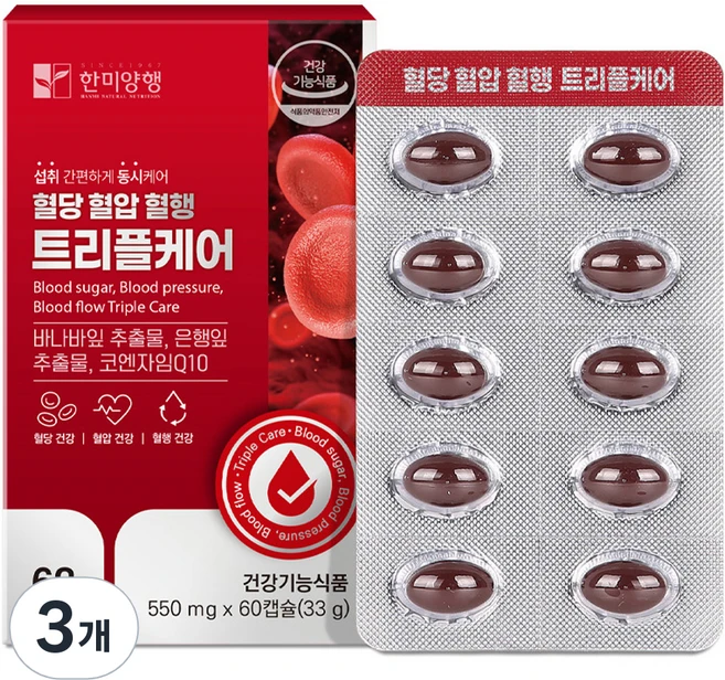 한미양행 혈당 혈압 혈행 트리플케어 33g, 3개, 60정 - 쿠팡