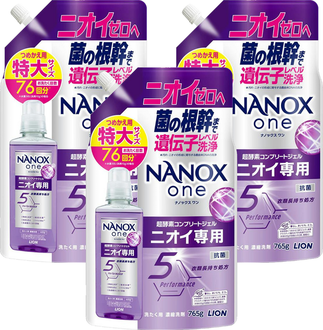 LION 獅王 NANOX one 奈米樂 超濃縮抗菌洗衣精 補充包, 3包, 765g