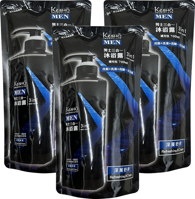 KeSHO 男士三合一深層舒爽沐浴露補充包, 3個, 700ml