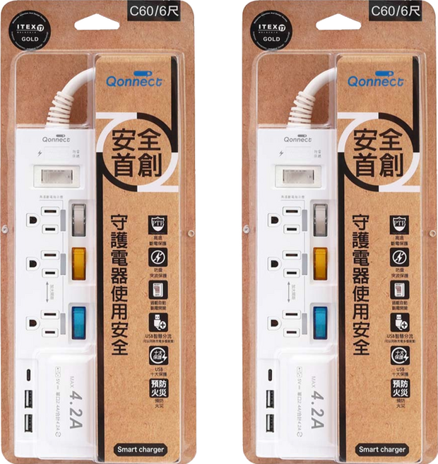Qonnect 4開3插3P高溫斷電USB4.2A延長線 C-60N, 1.8m, 白色, 2個