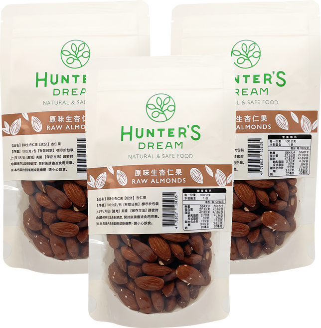 HUNTER'S DREAM 獵人谷之夢 無調味低溫烘烤杏仁果, 3包, 100g