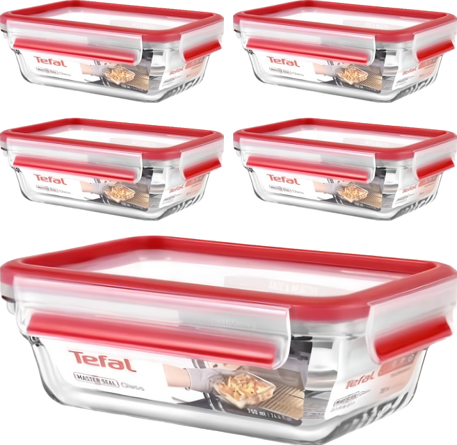 Tefal 特福 MasterSeal 新一代玻璃保鮮盒, 容器 + 蓋子, 5個