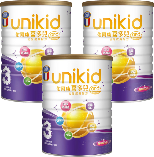 unikid 佑爾康 喜多兒幼兒成長配方OPO Premium 3號 1~3歲, 850g, 3罐