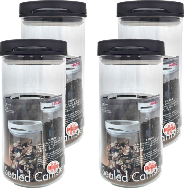 HARIO 好璃奧 黑色密封保鮮罐, 4個, 1000ml