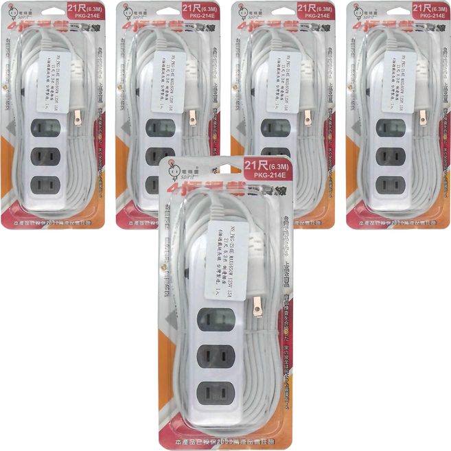 spirit 電精靈 MAX 1650W 125V 15A 側邊插座 過載延長線 4插座, 6.3m, 白色, 5條