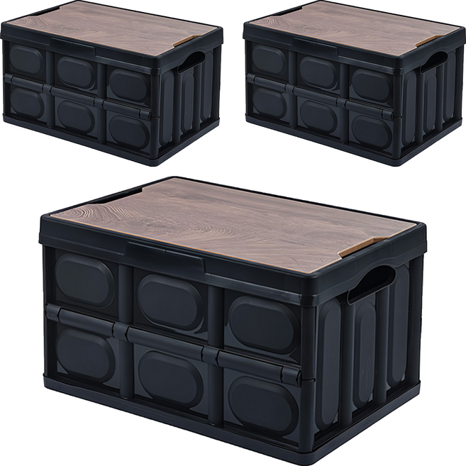 手提露營摺疊箱 木蓋折疊箱 55L, 黑色, 3個