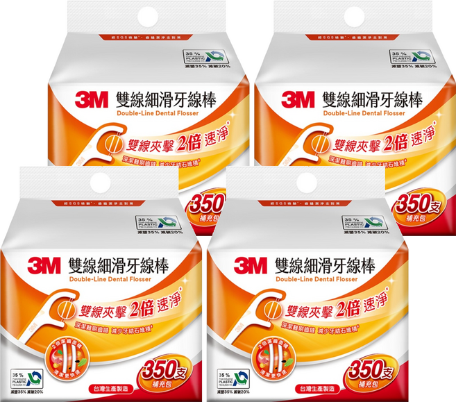 3M 細滑牙線棒 雙線補充包 DF04, 8cm, 350支, 4包
