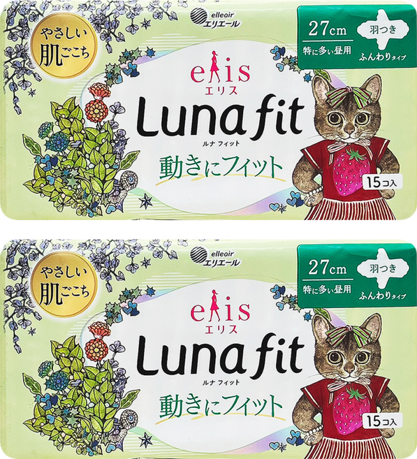 elleair 艾黎艾爾 elis 愛麗思 Luna fit 加長型衛生棉 護翼型, 2套, 15片, 27cm