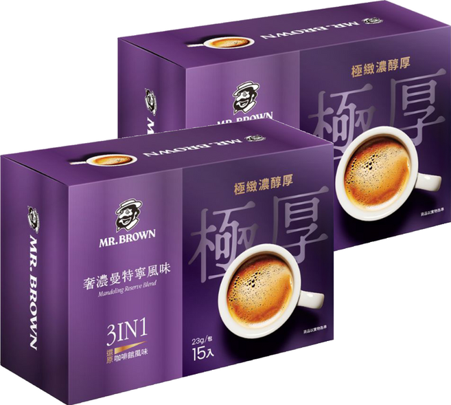 金車 MR.BROWN 伯朗咖啡 三合一極厚系咖啡 奢濃曼特寧風味, 23g, 15入, 2盒