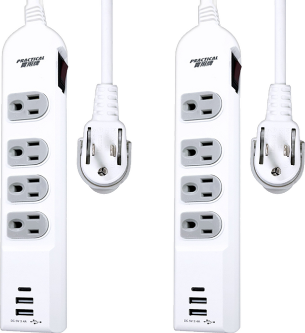 PRACTICAL 實用牌 PNA3433U-6 1開4插6尺3P + 3U延長線, 白色, 2個, 1.8m