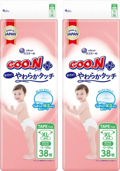 GOO.N 大王 日本境內版 SJ柔觸肌系列 黏貼型尿布 12~20kg, 76片, XL