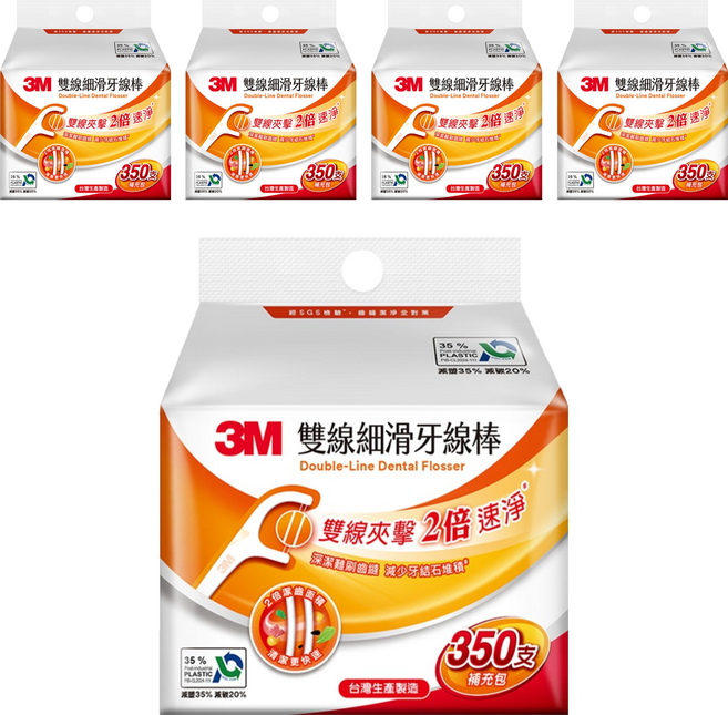 3M 細滑牙線棒 雙線補充包 DF04, 8cm, 350支, 5包