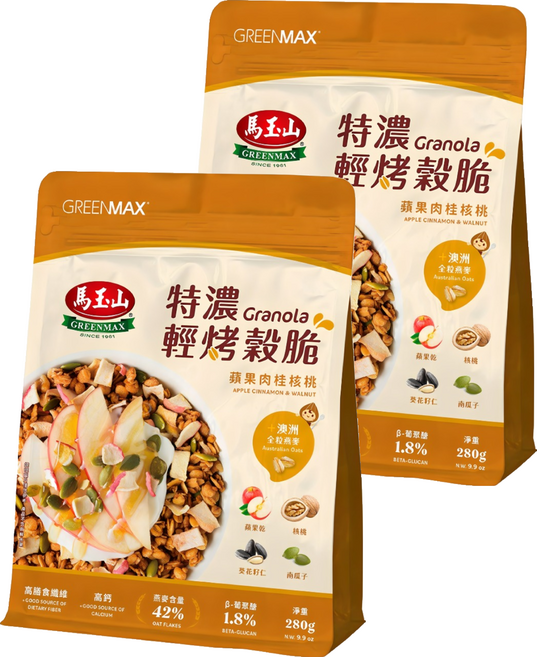 馬玉山 特濃輕烤穀脆-蘋果肉桂核桃, 280g, 2個