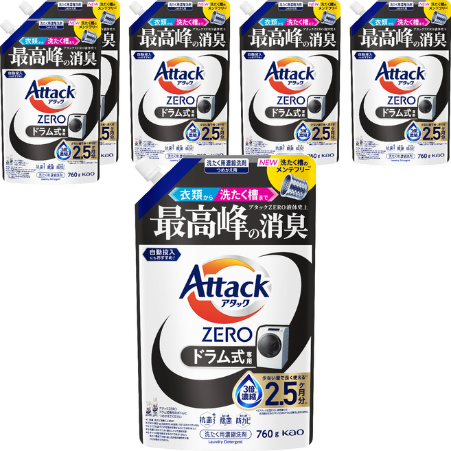 Attack ZERO 滾筒洗衣機專用濃縮洗衣精 補充包, 760g, 6個