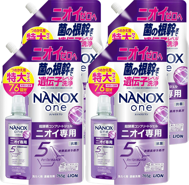 LION 獅王 NANOX one 奈米樂 超濃縮抗菌洗衣精 補充包, 4個, 765g