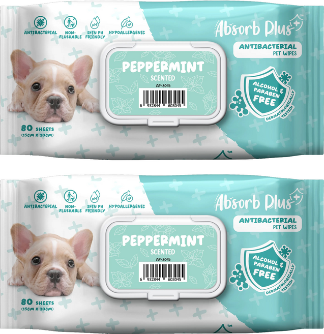 Absorb Plus 狠清爽寵物抗菌濕紙巾, 薄荷香, 80入, 2包