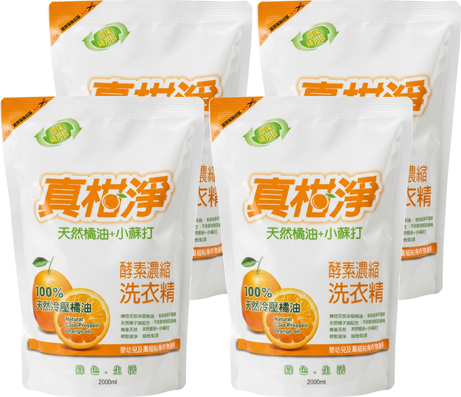 真柑淨 天然橘油洗衣精 補充袋, 4個, 2L