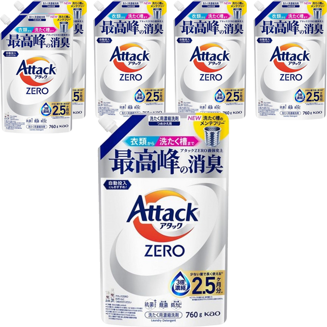 Attack ZERO 直立洗衣機專用濃縮洗衣精補充包, 760g, 6個