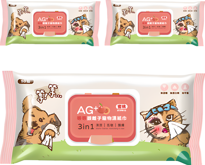 等等 Ag+銀離子寵物濕紙巾 蜜桃 犬貓通用, 80張, 3包