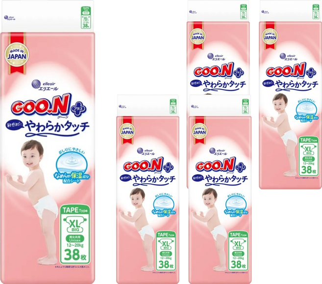 GOO.N 大王 日本境內版 SJ柔觸肌系列 黏貼型尿布 12~20kg, 190片, XL
