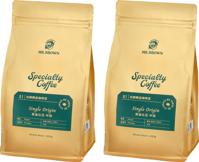 金車 MR.BROWN 伯朗咖啡 伯朗精品咖啡豆 哥倫比亞 中焙, 450g, 2包, 全豆咖啡（未研磨）