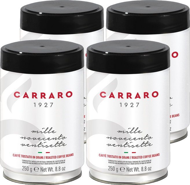 CARRARO 義大利 1927專業義式罐裝咖啡豆 中焙 100%阿拉比卡, 250g, 4個, 全豆咖啡（未研磨）