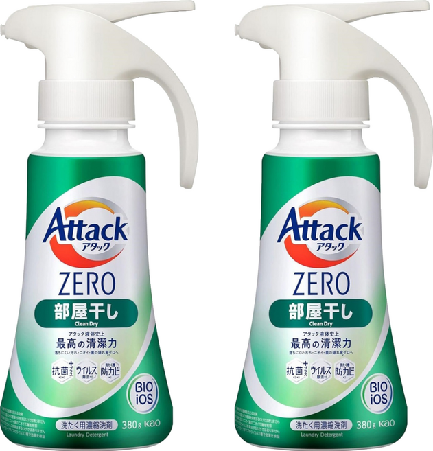 Attack 一匙靈 ZERO 噴槍型濃縮洗衣精 室內晾衣, 380g, 2個