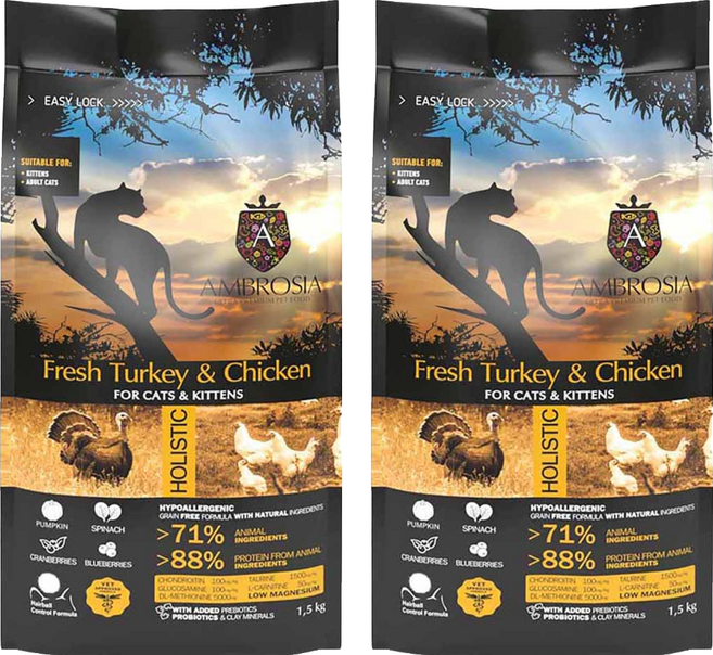 AMBROSIA 安柏希雅 無穀鮮肉貓糧, 1500g, 2袋, 火雞肉 + 雞肉