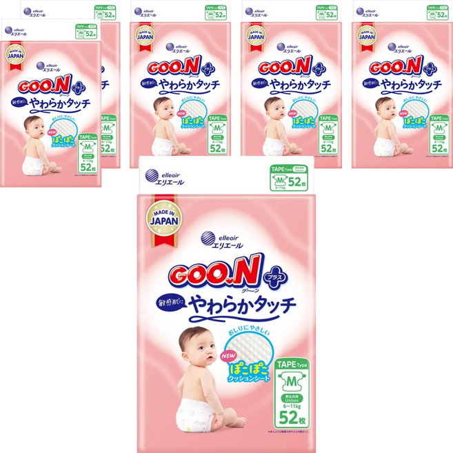 GOO.N 大王 日本境內版 SJ柔觸肌系列 黏貼型尿布 6~11kg, M, 312片