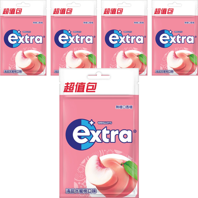 Extra 益齒達 潔淨無糖口香糖 清甜水蜜桃, 62g, 5個