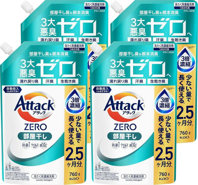 Attack 一匙靈 ZERO 濃縮洗衣精 室內晾衣 補充裝, 760g, 4個