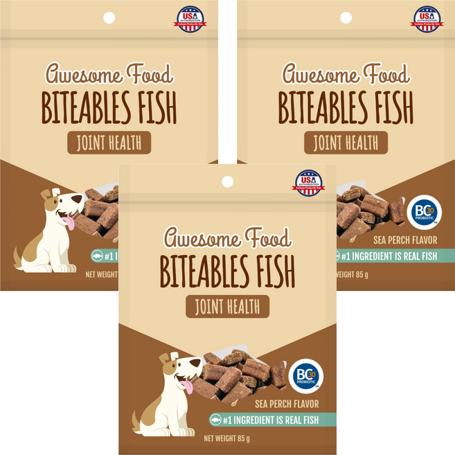 BITEABLES FISH 益口鮮 犬用益生菌關節保健魚丁, 85g, 3包, 鱸魚風味