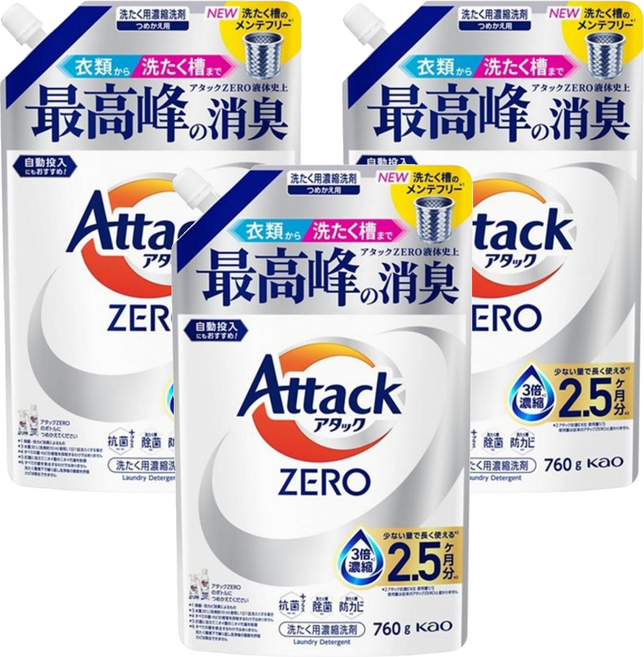 Attack ZERO 直立洗衣機專用濃縮洗衣精補充包, 760g, 3個