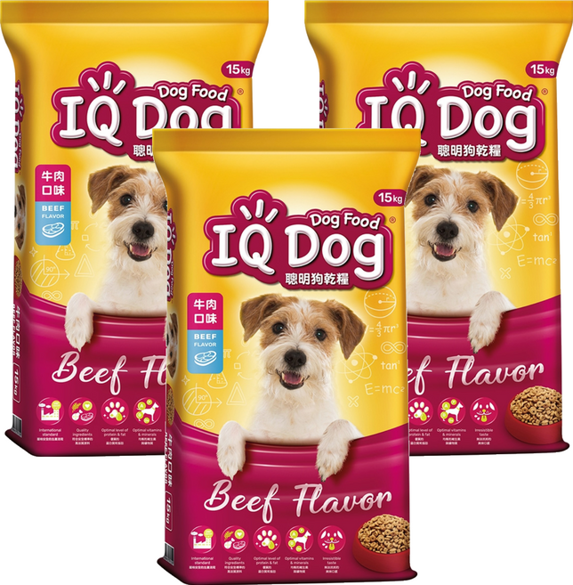 IQ Dog 聰明狗 成犬 乾糧, 牛肉口味, 15kg, 3袋