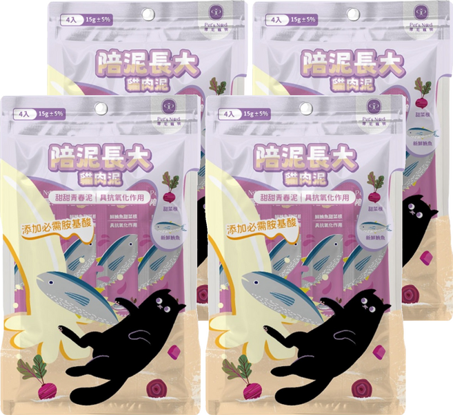 Pet's Need 霈尼寵物 全齡貓 陪泥長大貓肉泥/甜甜青春泥, 鮪魚 + 甜菜根, 60g, 4袋