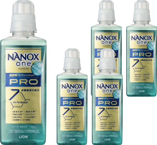 LION 獅王 NANOX one 奈米樂 PRO 加強洗淨抗菌除臭洗衣精, 600g, 5瓶