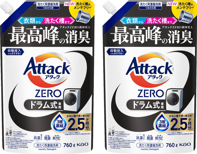 Attack ZERO 滾筒洗衣機專用濃縮洗衣精 補充包, 760g, 2個